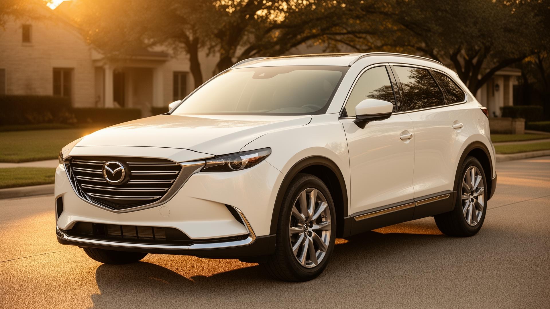 White Mazda CX-9 Signature with cream leather interior parked against a blue-hour Dallas skyline — Metro Glide DFW private car service
